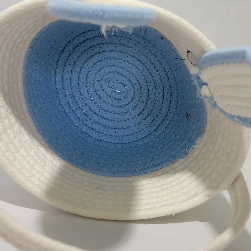 Blue and White Bunny Easter Basket Woven Cotton Rope Rabbit Pail with Ears